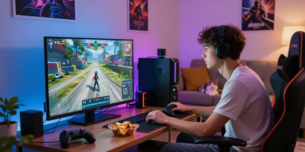 Engaging online gaming scene featuring akunjp in a cozy living room with vibrant lights.