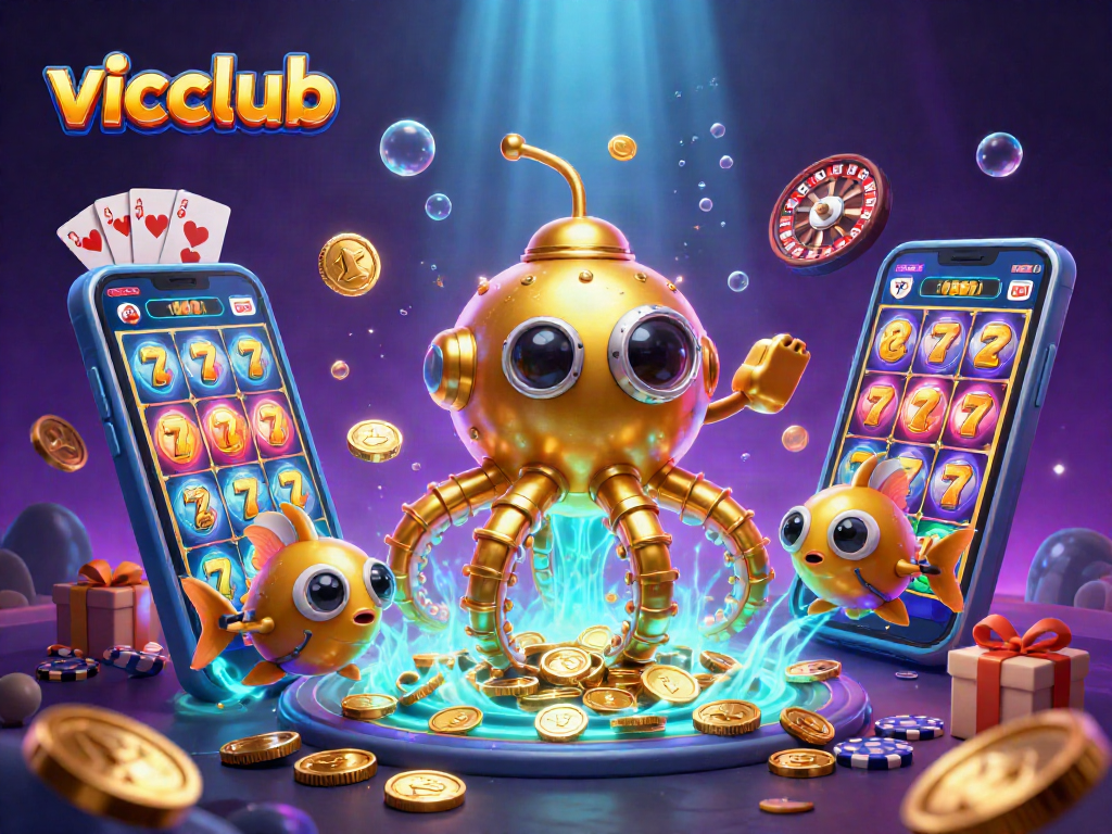 Engage with vicclub's thrilling adventure as a golden kraken submarine dives into riches, showcasing vibrant slot game elements.
