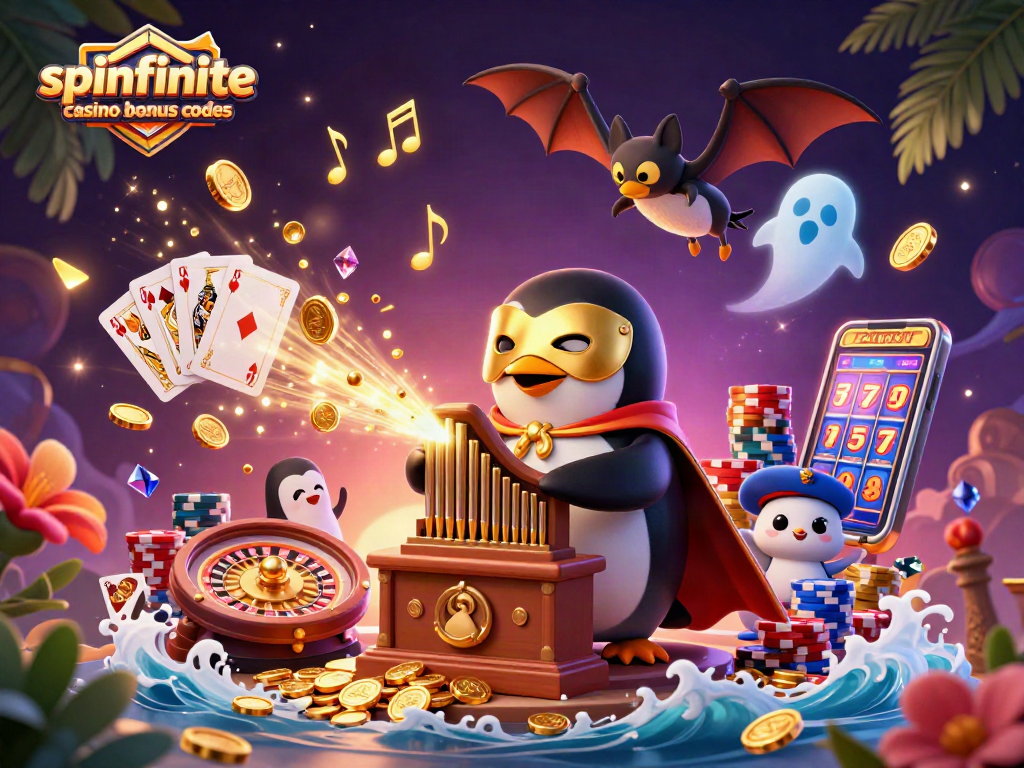 Spinfinite casino bonus codes featured in a vibrant 3D scene with gold coins and casino elements.