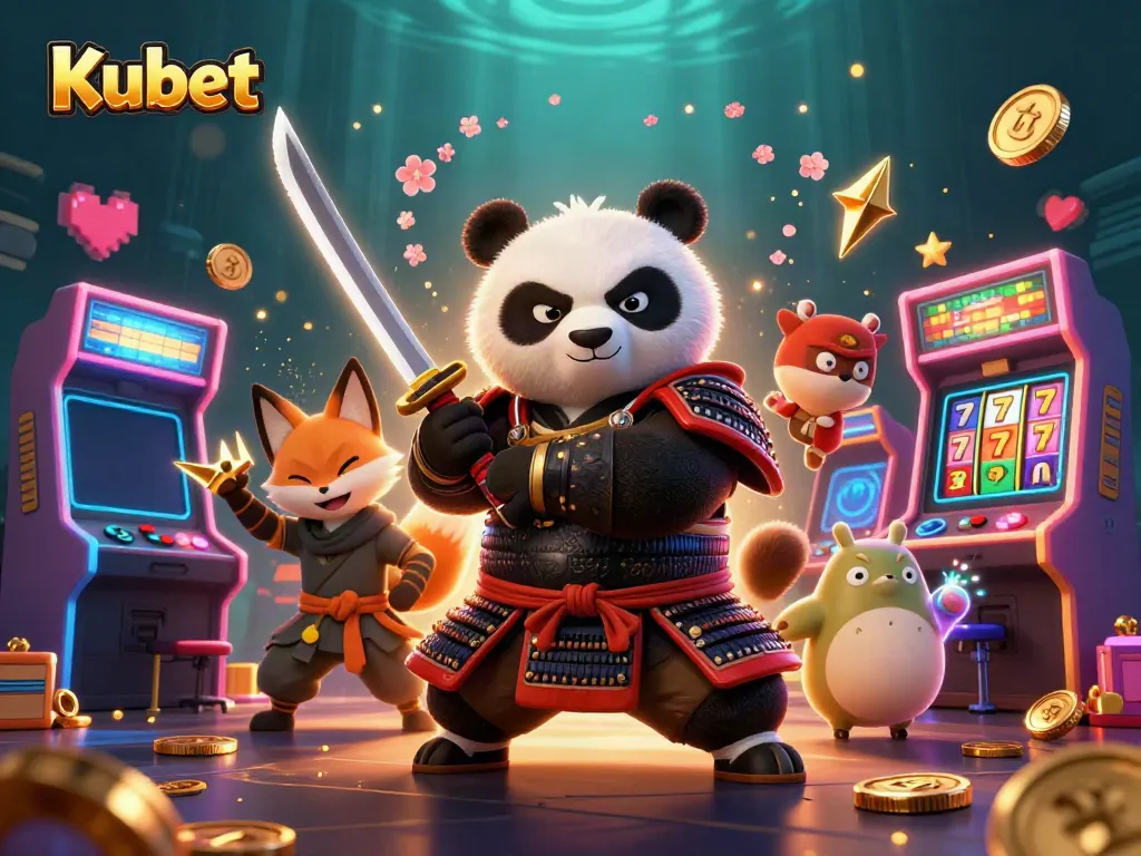 Kubet showcases a dynamic 3D gaming scene featuring a samurai panda and a ninja fox amidst casino-themed elements.