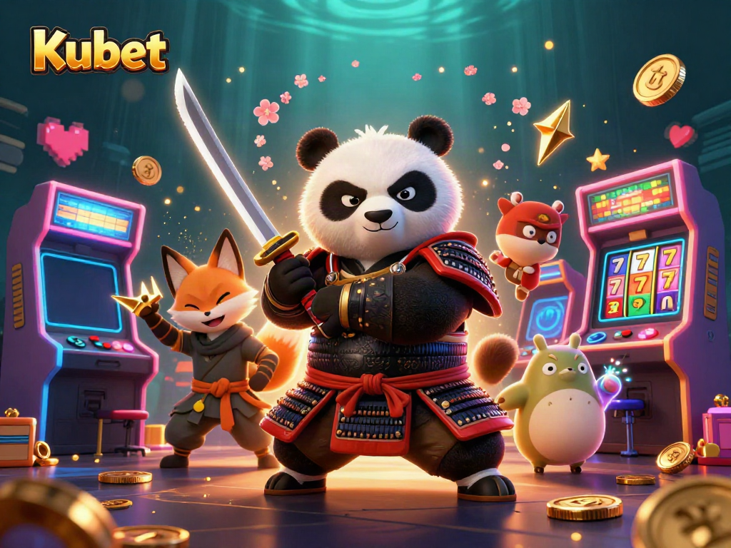 Kubet showcases a dynamic 3D gaming scene featuring a samurai panda and a ninja fox amidst casino-themed elements.
