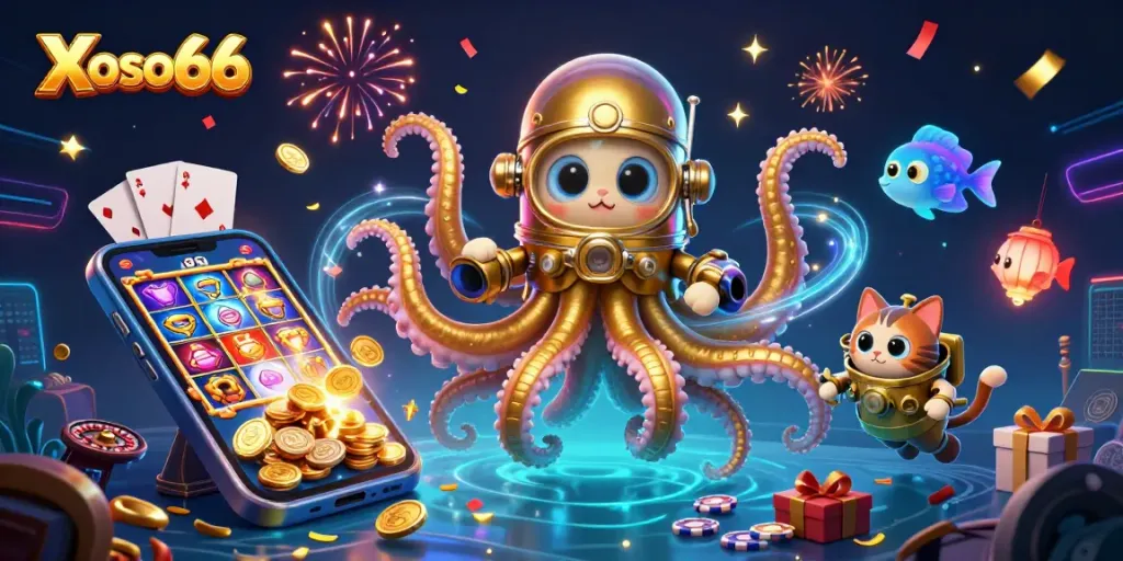 Xoso66 unlocks exciting gameplay with a colossal kraken, diving cat, and dazzling slot game elements.