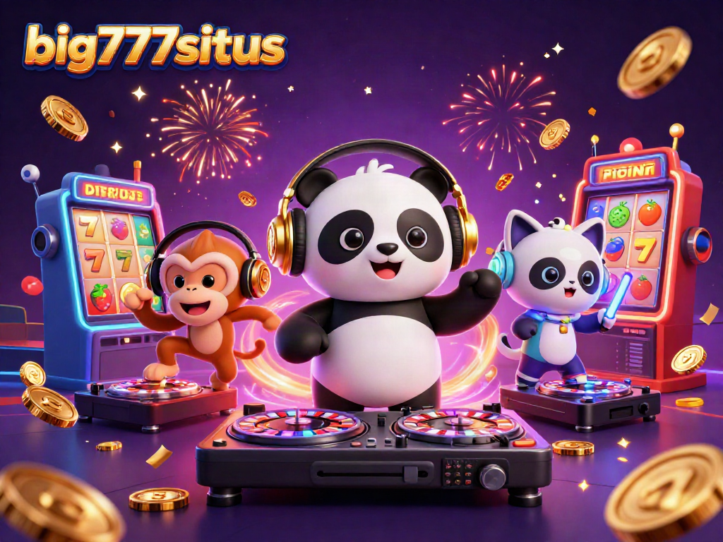 Engage with big777situs in a vibrant casino scene where a DJ panda spins amidst exciting slot games and dynamic characters.
