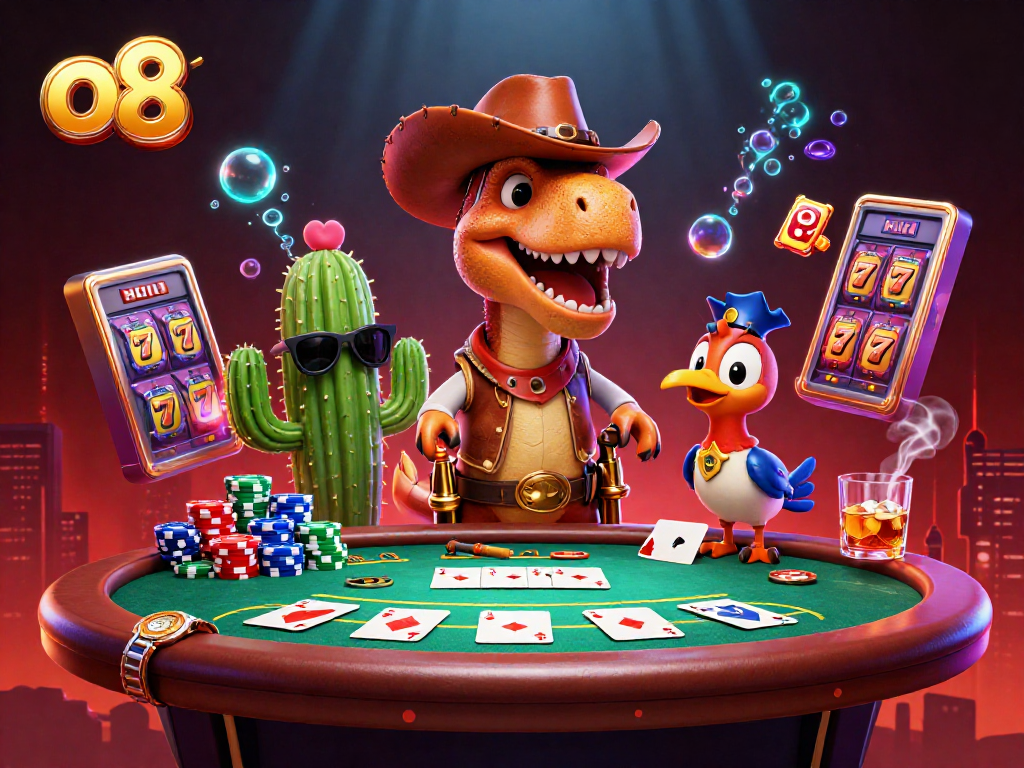 o8 platform showcases a vibrant scene with a cartoon dinosaur, cactus sidekick, and roadrunner at a lively casino, filled with gaming elements.