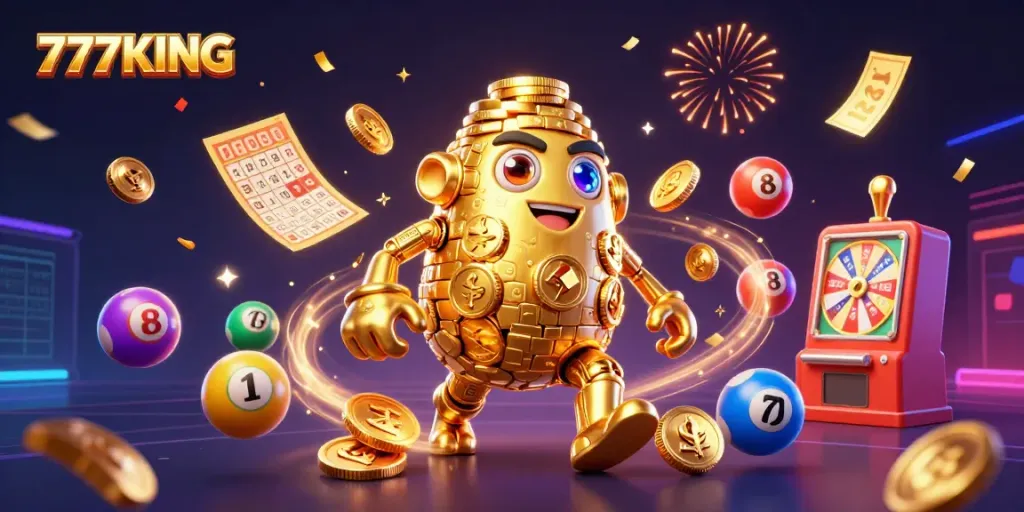 Experience the thrill of 777KING’s immersive casino landscape with dynamic lottery elements and extravagant golden golem.