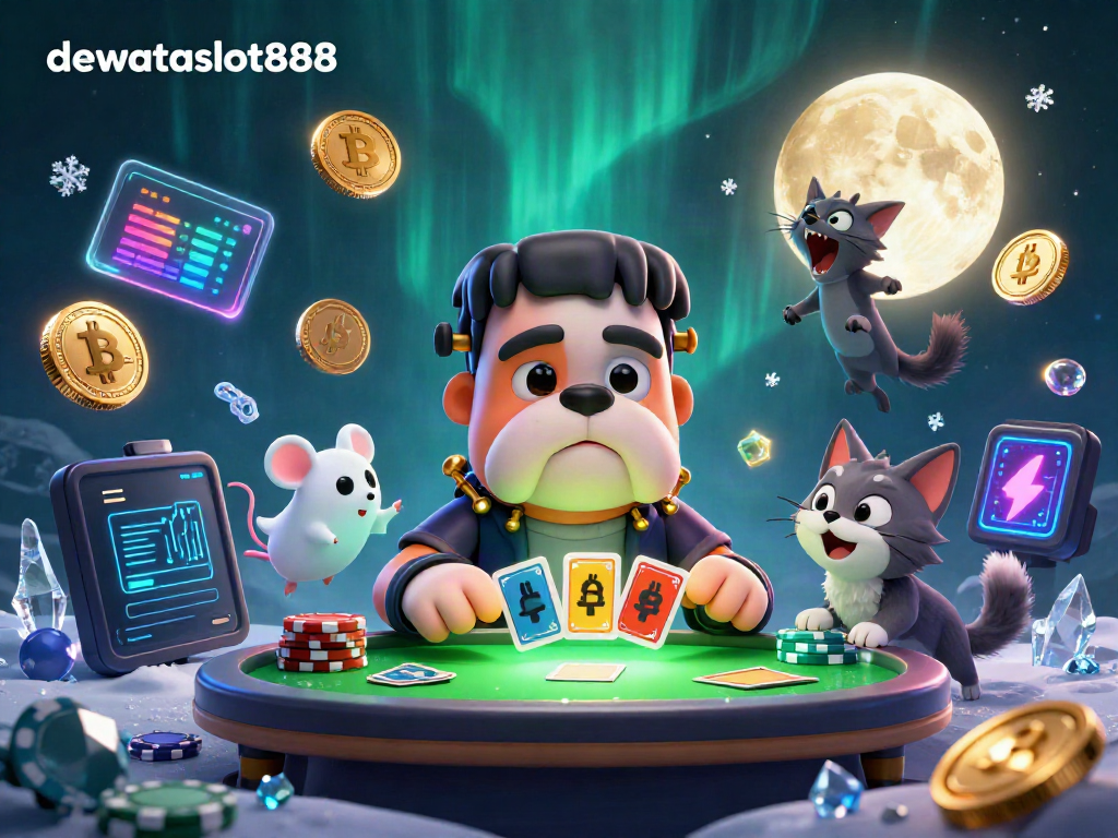Permainan kasino dengan dewataslot888, anjing Frankenstein dan kucing werewolf memikat di meja hijau, simbol game 3D berkilau.