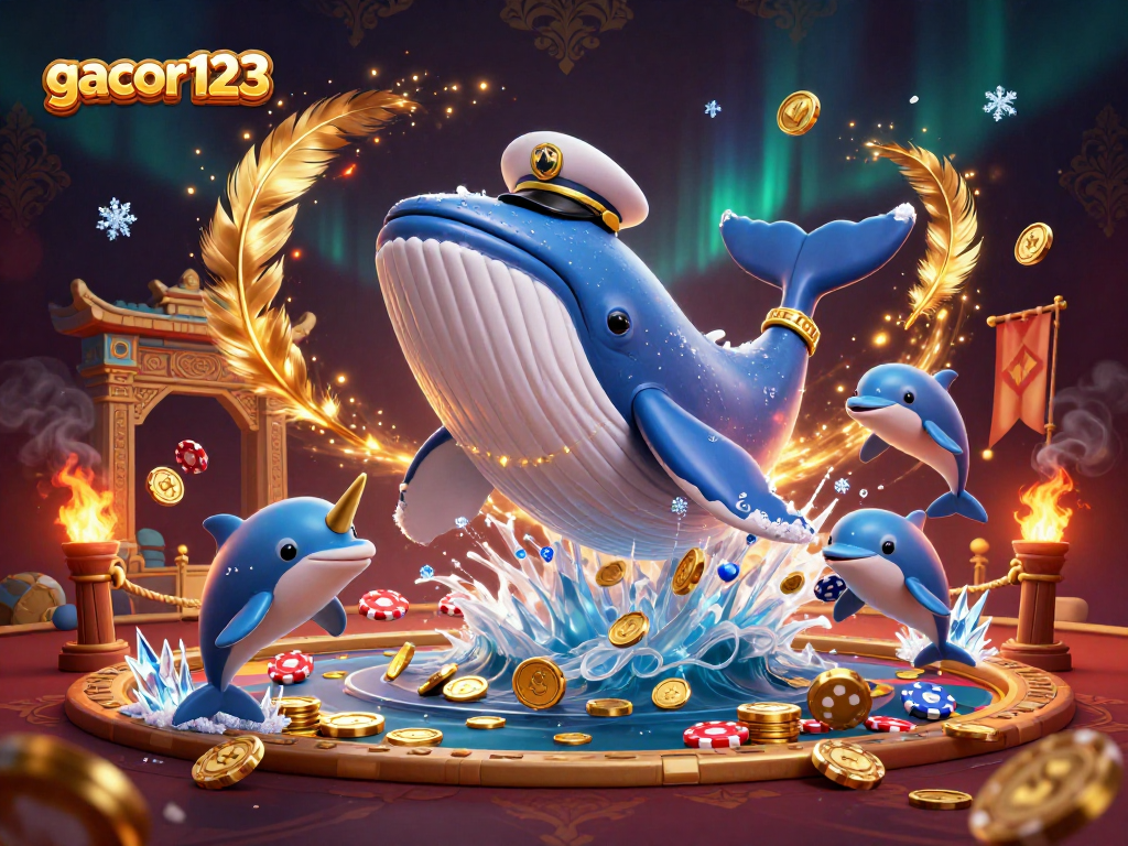 Engage with gacor123 as a vibrant whale and friends celebrate casino wins amidst coins and poker chips.