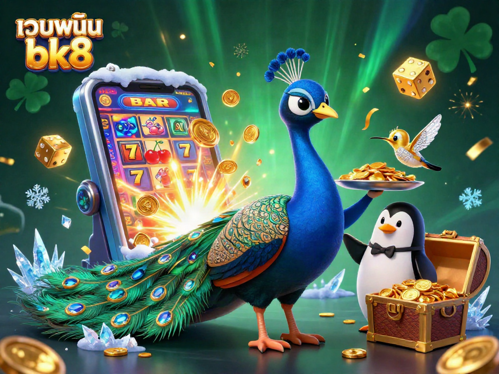 Experience เว็บพนัน bk8 with a vibrant 3D casino scene featuring a peacock, penguin, and hummingbird amidst thrilling game elements.