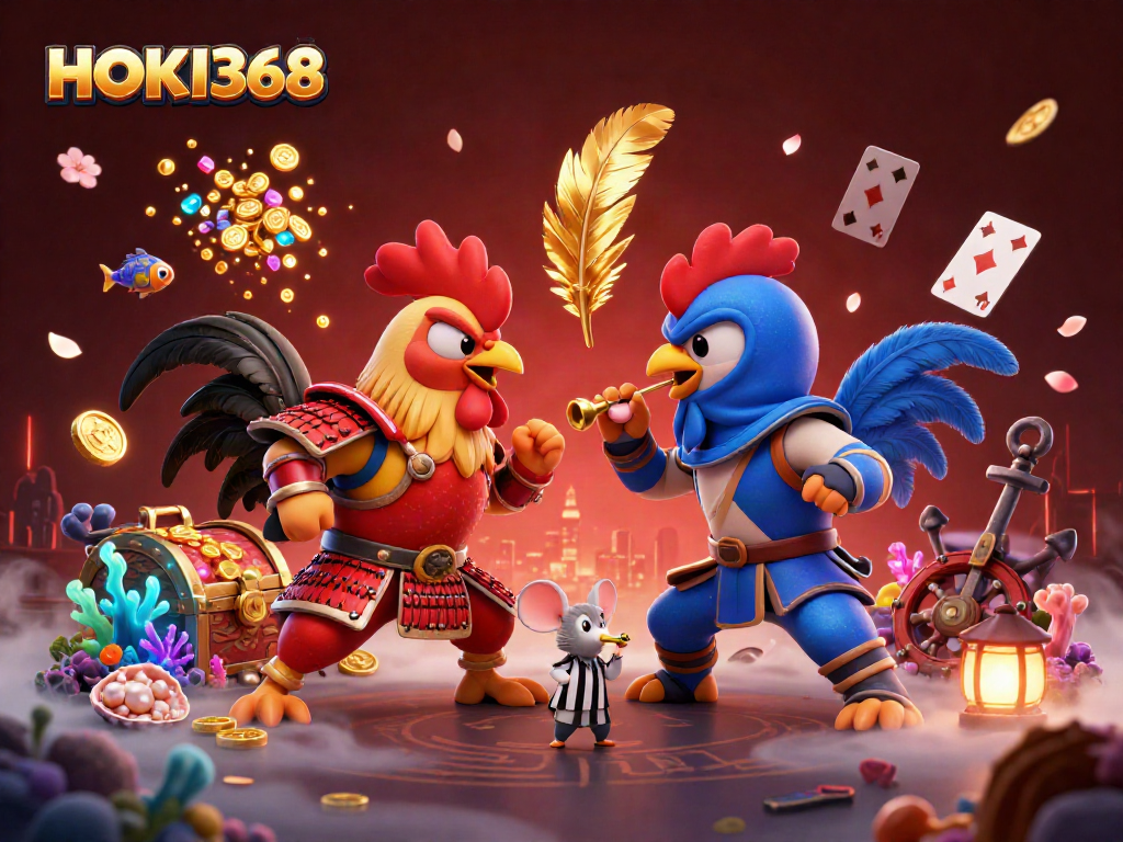 Experience HOKI368's thrilling standoff between samurai and ninja roosters, amidst intense casino action.