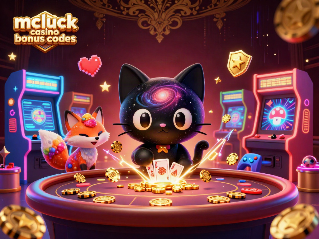 Engage with mcluck casino bonus codes through vibrant illustration of cosmic casino characters.