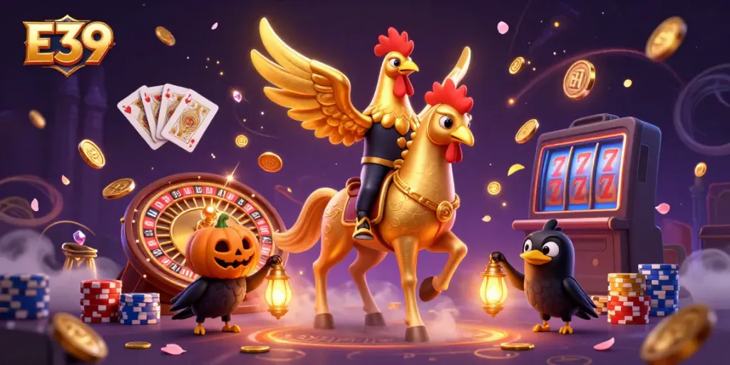 Win big at E39 with a vibrant casino scene featuring a golden rooster and treasure.