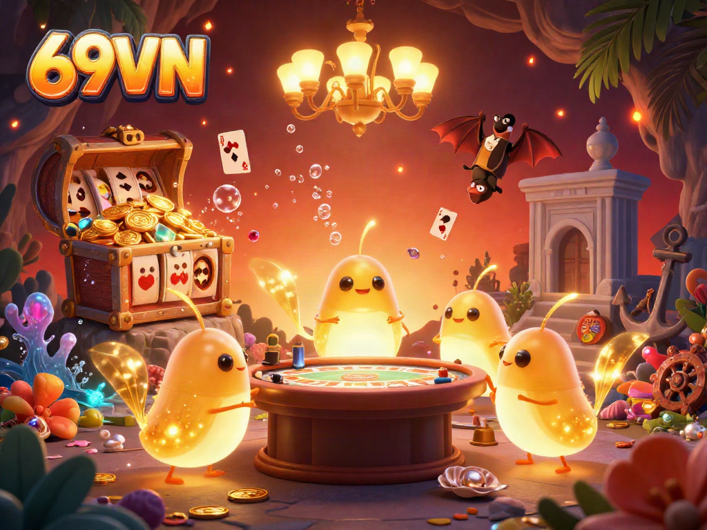 Experience 69VN's vibrant cave casino with glowworms lighting up the scene, showcasing exciting games, gold, and gems.