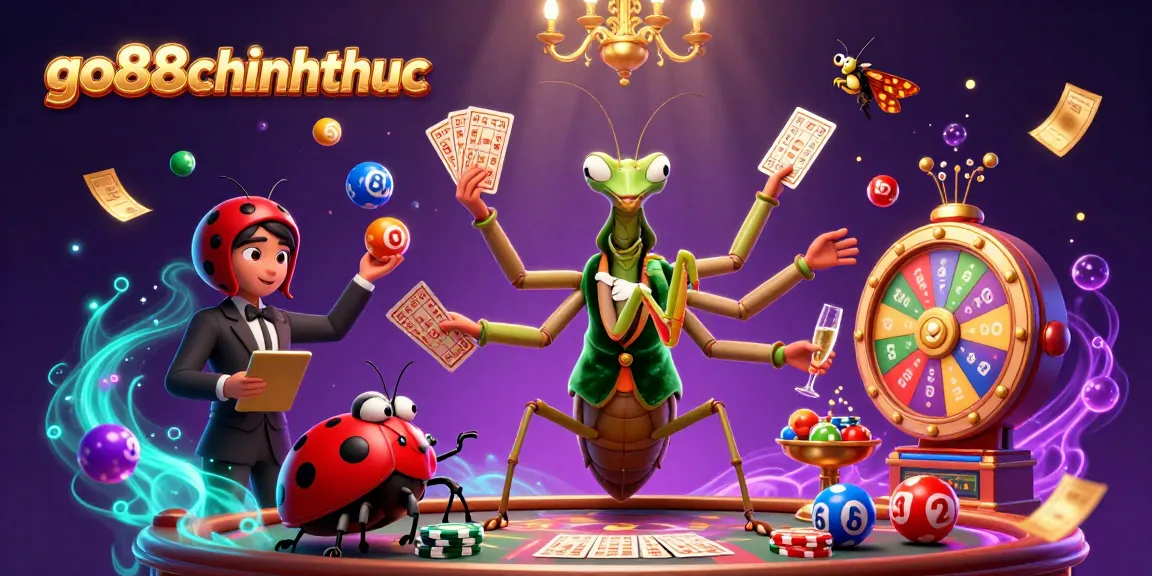 Engaging go88chinhthuc scene with a giant praying mantis card sharp and vibrant lottery elements.
