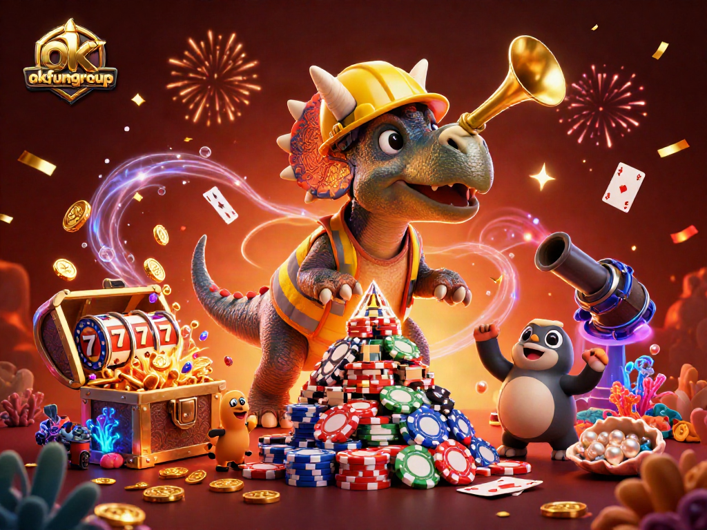Engage with thrilling casino adventures at okfungroup featuring a festive 3D triceratops building poker chip pyramids.
