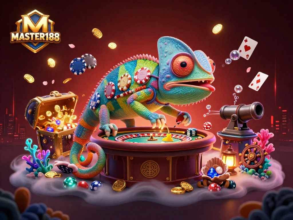 Engage with MASTER188's vibrant casino ambiance featuring a chameleon owner and exciting games.