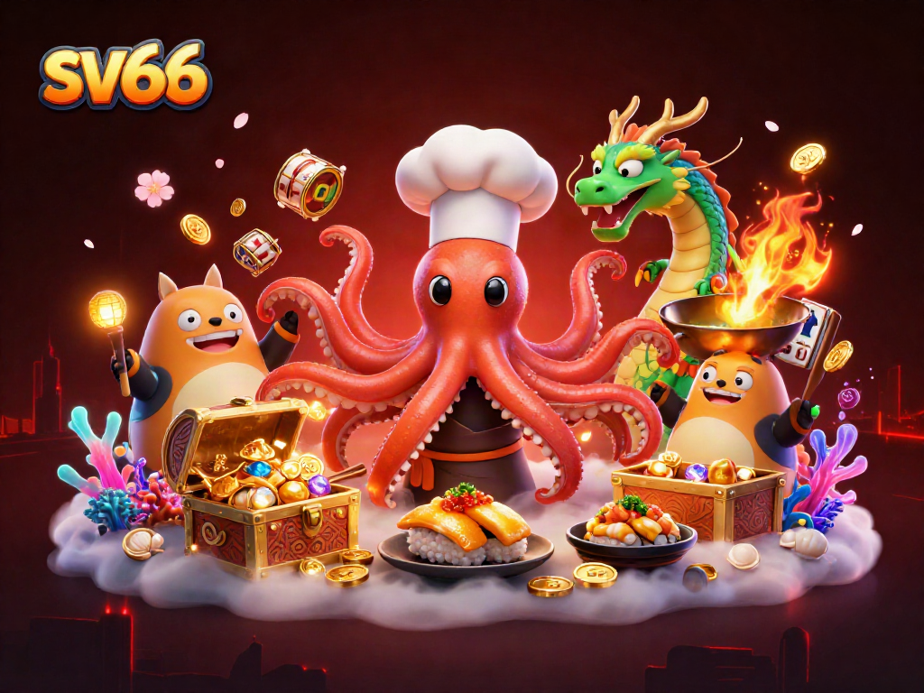 Experience thrilling gaming at sv66 with vibrant slot machines while an octopus chef creates culinary wonders.