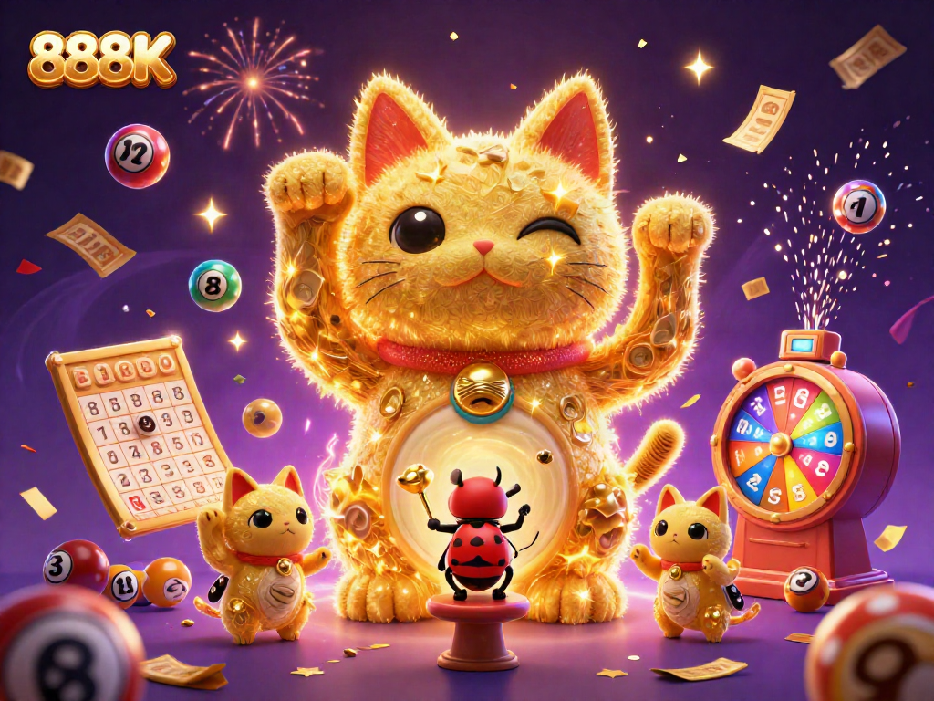 Visualize vibrant gaming fun with 888K as golden fireflies transform into lucky cat casino symbols.