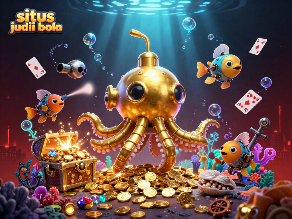 Engage with the situs judi bola scene featuring a gold kraken submarine amid treasures and games.