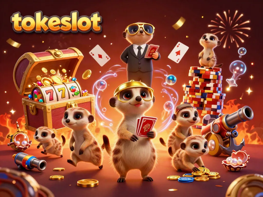 Engage with the vibrant world of tokeslot featuring cartoon meerkats managing a casino scene filled with treasures.