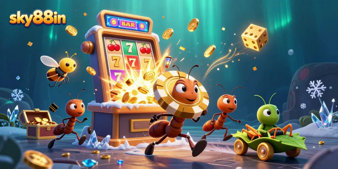 Experience the thrilling sky88in heist as cartoon ants carry a golden poker chip through a cosmic casino.