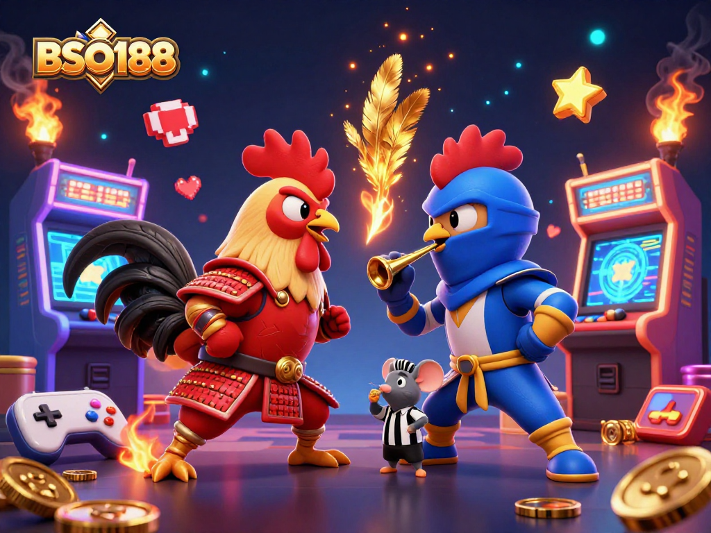 Engage in thrilling action with BSO188, featuring combat between cartoon roosters in a vibrant casino background.