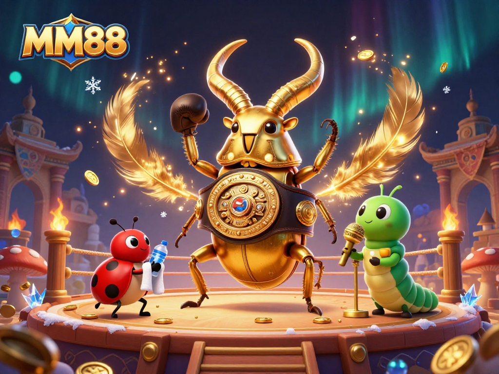 Watch the dynamic MM88 battle scene featuring a giant beetle champion, a supportive ladybug, and an announcer caterpillar.