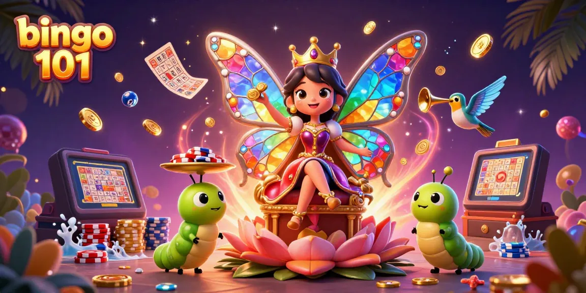 Menangkan bingo 101 dengan kartu bingo berwarna dan chip dalam ilustrasi tiga dimensi yang penuh warna.