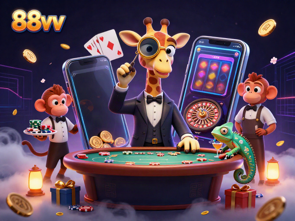 Engage with exciting 88vv casino scenes featuring a high-roller giraffe, poker table, and colorful slot games