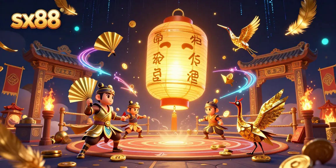 Sx88's vibrant game scene showcases a glowing lantern spirit above a dynamic casino market filled with golden elements.