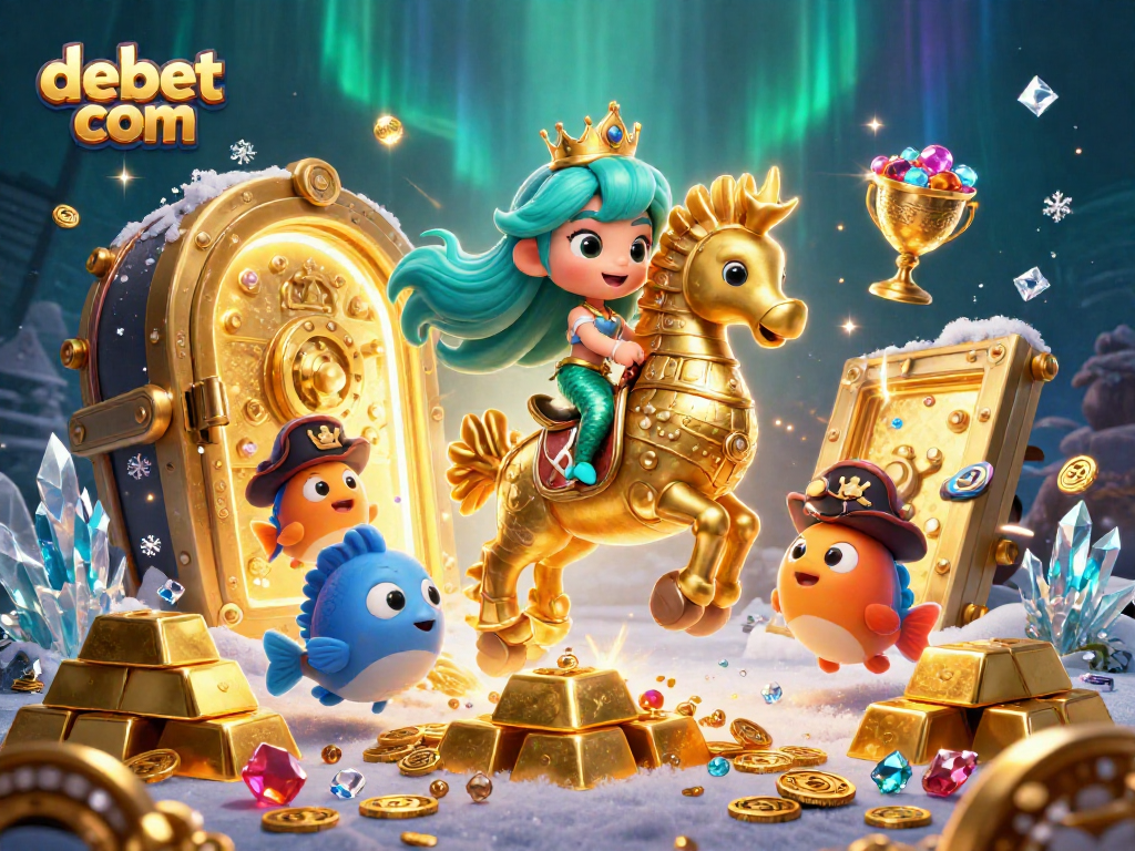 Immerse yourself in a vibrant scene with debet com as the mermaid princess rides a golden seahorse amidst treasure and colorful fish.