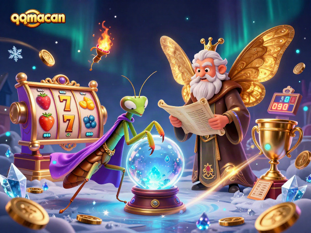 Gambarkan qqmacan dengan mesin slot berputar dan keberuntungan dalam ilustrasi permainan kasino
