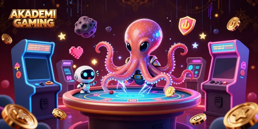 Engage in high-stakes gaming with AKADEMIGAMING featuring an alien octopus at a poker table.