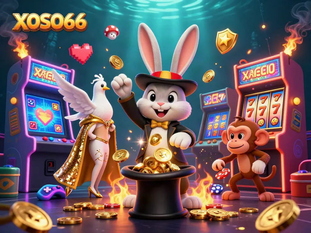 XOSO66 enhances play with colorful gaming characters pulling coins and chips in a vibrant casino scene.