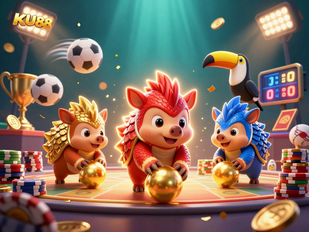 KU88 pangolins competing in a colorful casino scene with golden scales and dynamic sports elements.