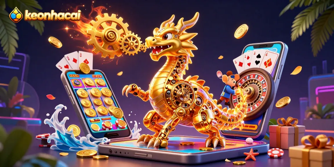 Win big with keonhacai's epic casino scene featuring a golden dragon and vibrant game elements.