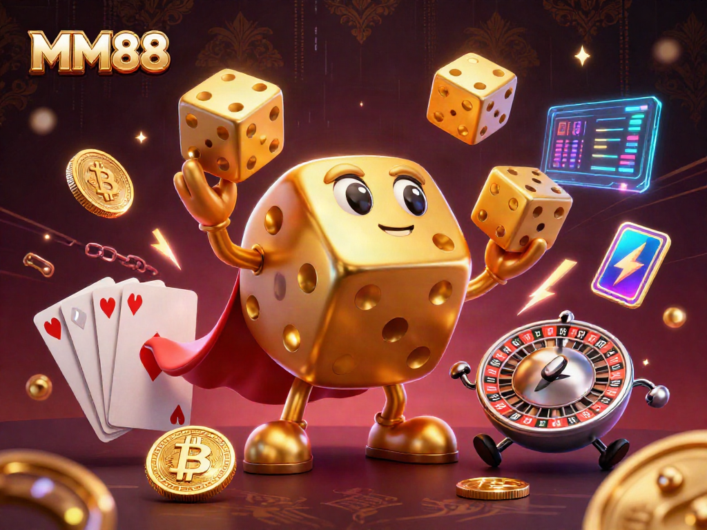 MM88 showcases a vibrant casino scene with golden dice and cryptocurrencies in dynamic action.