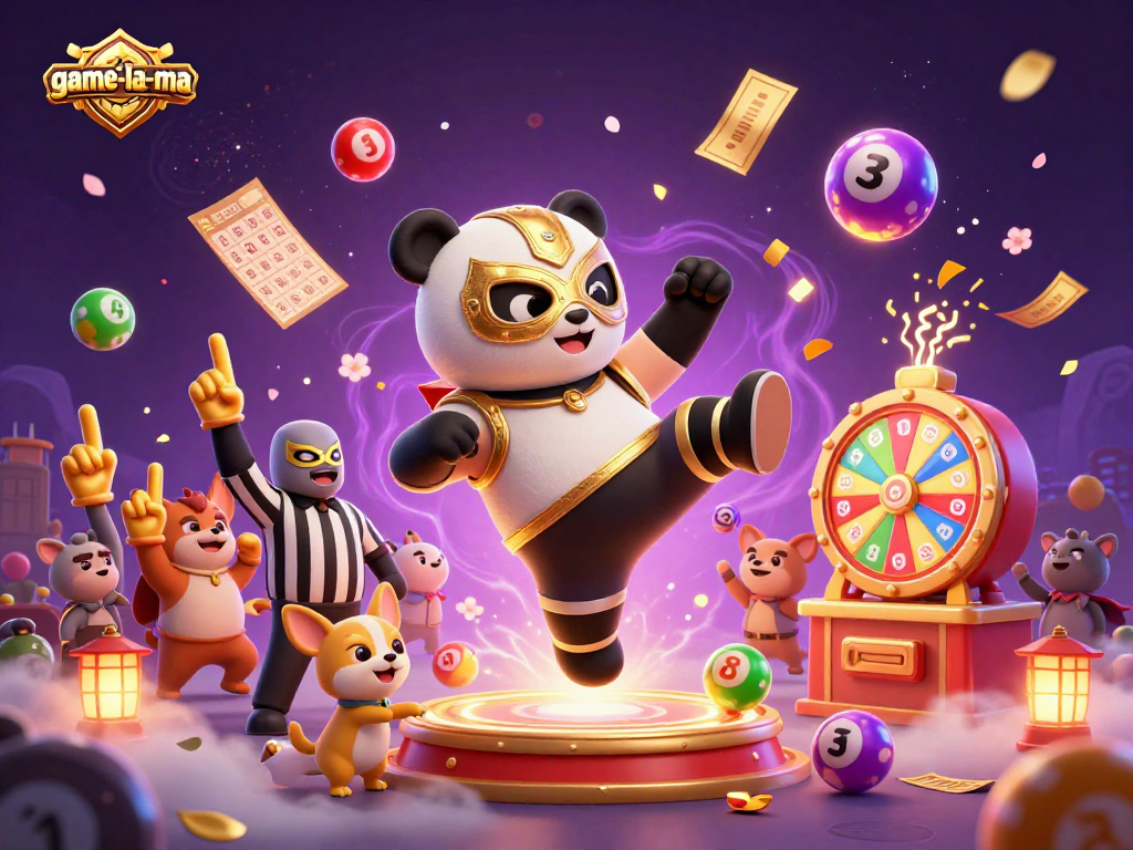 See the game-la-ma excitement with a flying panda wrestler and vibrant lottery elements.