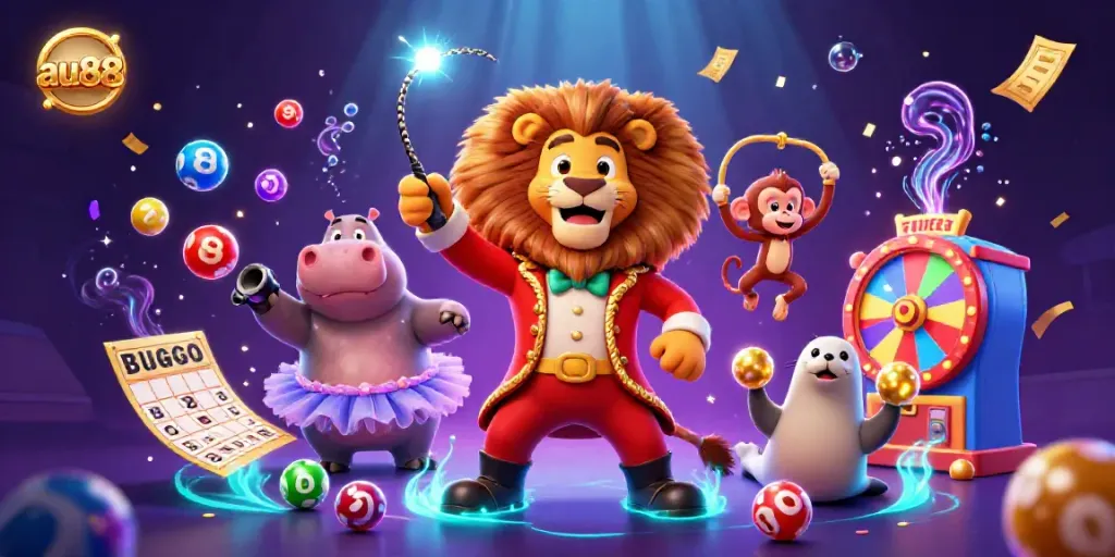 Engage with the thrilling world of au88 as colorful lottery elements burst around cartoon characters in a vibrant scene.