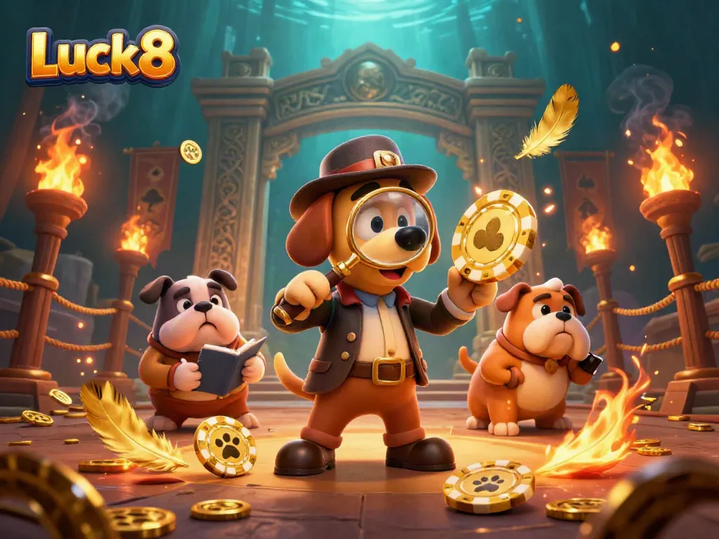 Luck8 players uncover treasure clues with a detective bloodhound and bulldog in a vibrant casino scene.
