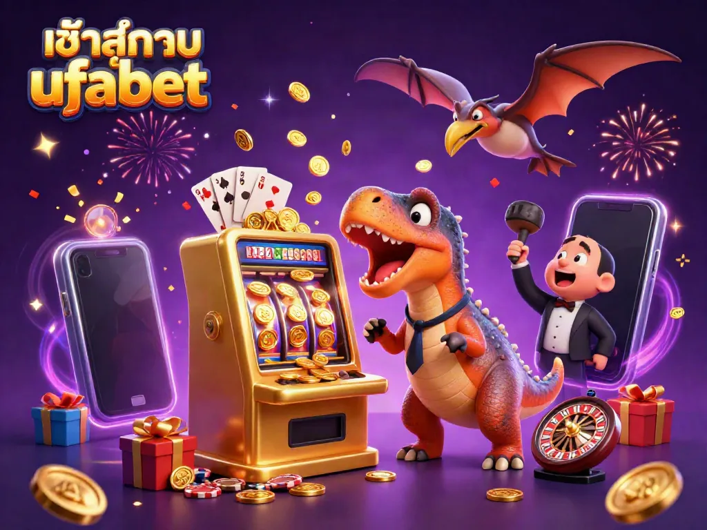 Experience the thrill of entering เข้าสู่ระบบ ufabet as dinosaur characters interact with vibrant casino elements.