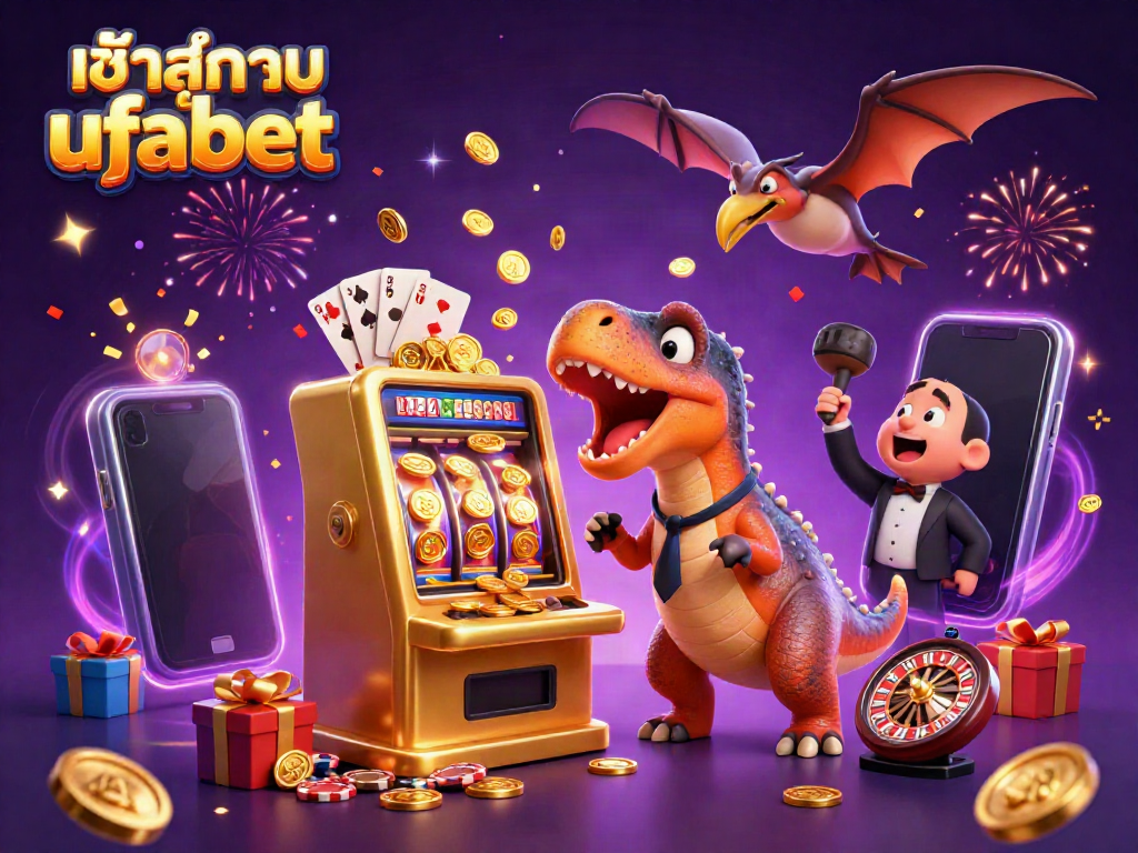 Experience the thrill of entering เข้าสู่ระบบ ufabet as dinosaur characters interact with vibrant casino elements.