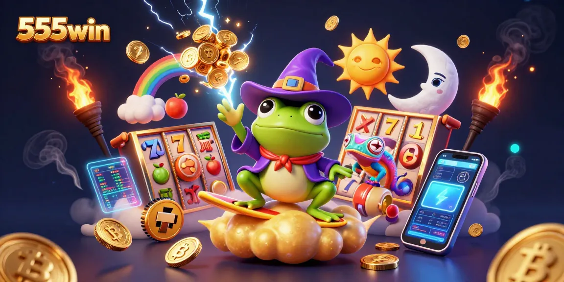 Win big with 555win as the weather wizard frog creates a golden coin storm in this vibrant casino scene.