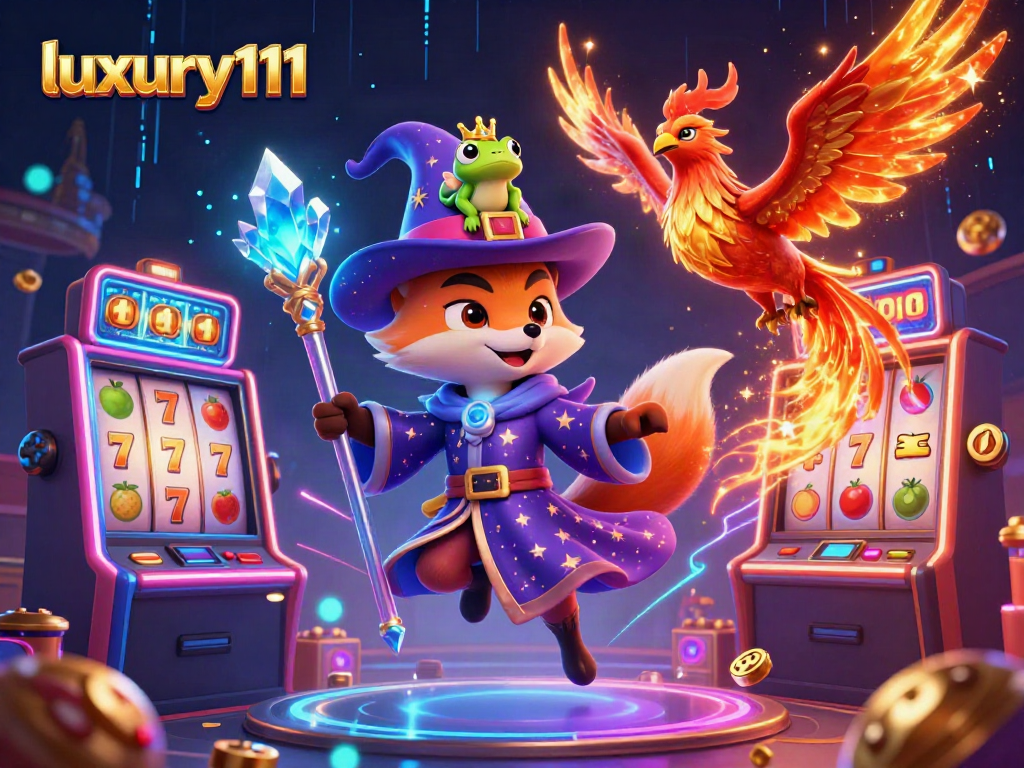 Experience excitement with luxury111 in this vibrant 3D casino scene featuring popular slot games.