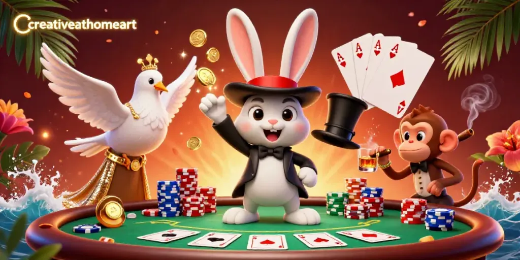 Engaging scene where the creativeathomeart rabbit magician performs tricks pulling coins amidst a vibrant casino atmosphere.