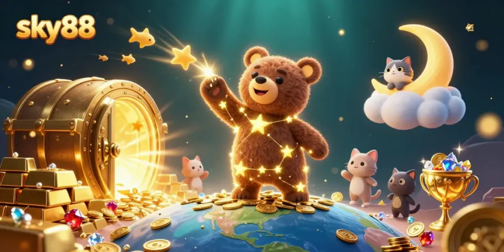 Experience the joy of winning at sky88 with a 3D bear collecting coins in a vibrant casino-themed scene.