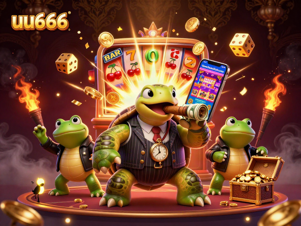 Engage with the vibrant uu666 casino scene featuring a snapping turtle and bullfrog enforcers around a jackpot.