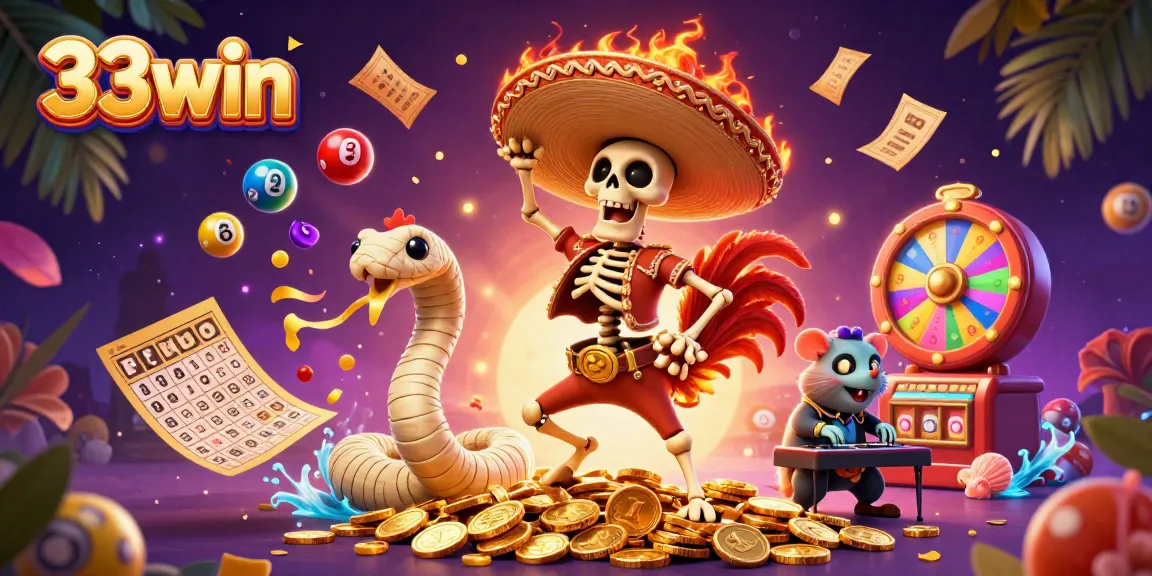 Celebrate wins with vibrant characters in a thrilling 33win casino scene, featuring a festive rooster and colorful lottery elements.