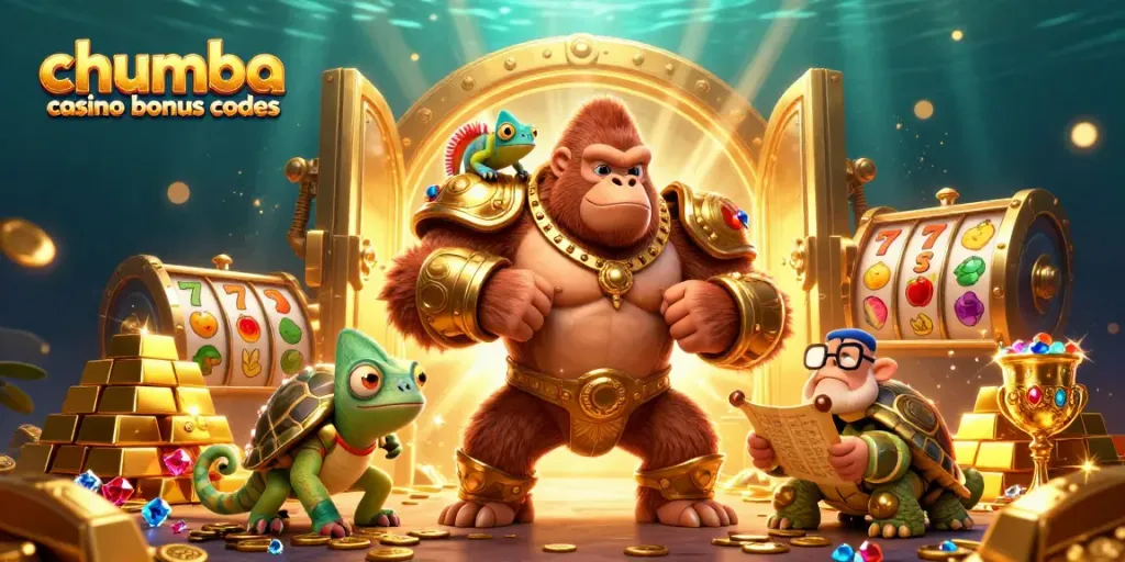 Experience thrilling gameplay with Chumba Casino bonus codes, including gold coins, slot reels, and treasure elements.