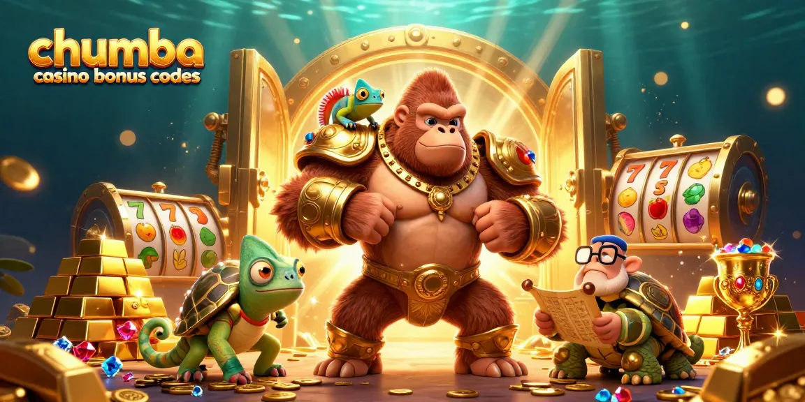 Experience thrilling gameplay with Chumba Casino bonus codes, including gold coins, slot reels, and treasure elements.