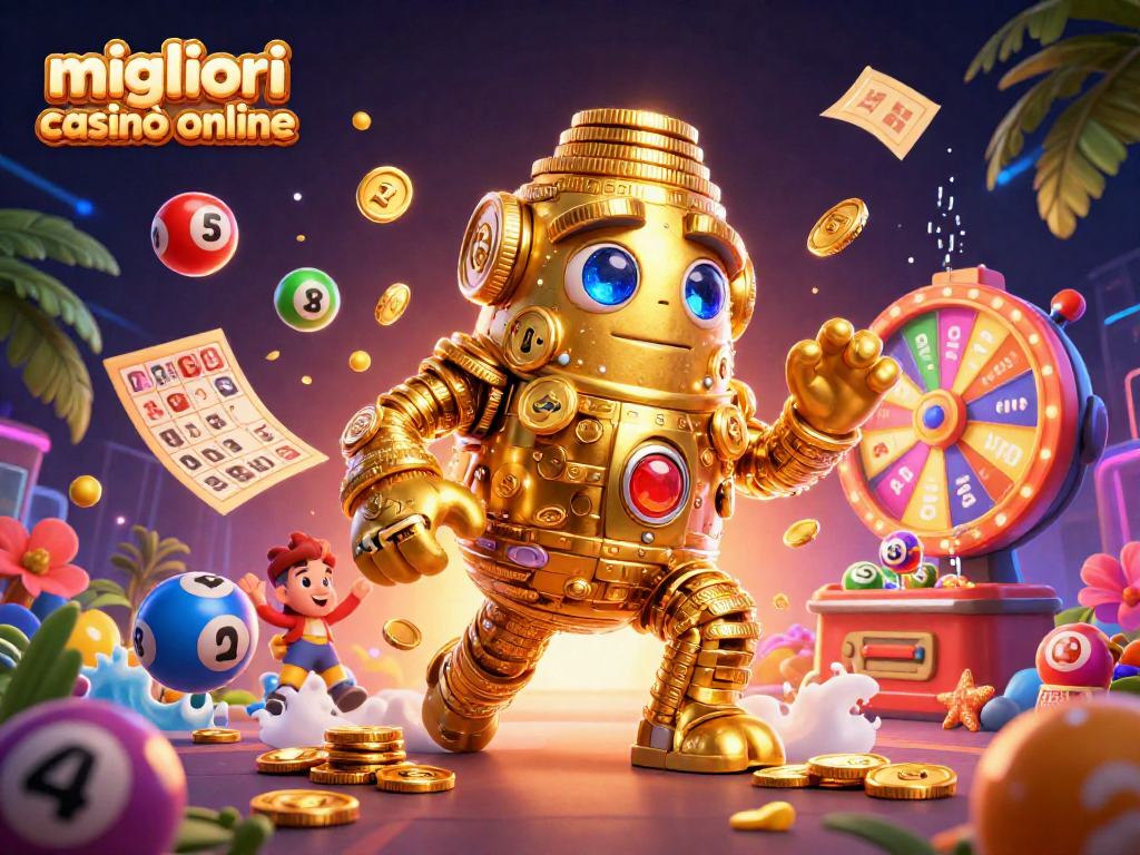 Gioca nei migliori casinò online con un golem d'oro e bingo vivace, simboli di slot e palme tropicali.